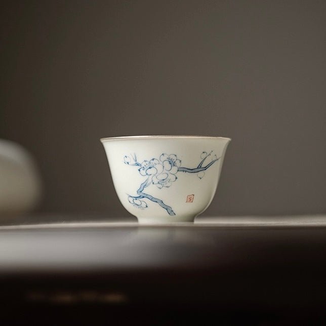 Blue and White Hand Painted Pine, Bambooand Plum - Blossom Teacup with Silver Rimmed EdgesAnyee TeaBlue and White Hand Painted Pine, Bambooand Plum - Blossom Teacup with Silver Rimmed EdgesPlum Blossom