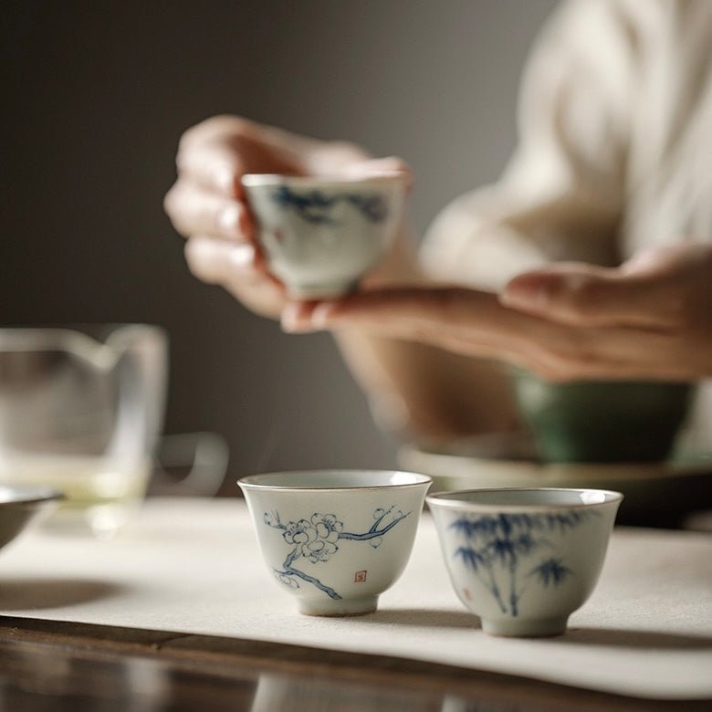 Blue and White Hand Painted Pine, Bambooand Plum - Blossom Teacup with Silver Rimmed EdgesAnyee TeaBlue and White Hand Painted Pine, Bambooand Plum - Blossom Teacup with Silver Rimmed EdgesPine