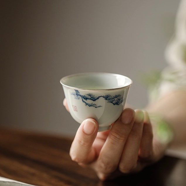 Blue and White Hand Painted Pine, Bambooand Plum - Blossom Teacup with Silver Rimmed EdgesAnyee TeaBlue and White Hand Painted Pine, Bambooand Plum - Blossom Teacup with Silver Rimmed EdgesPine