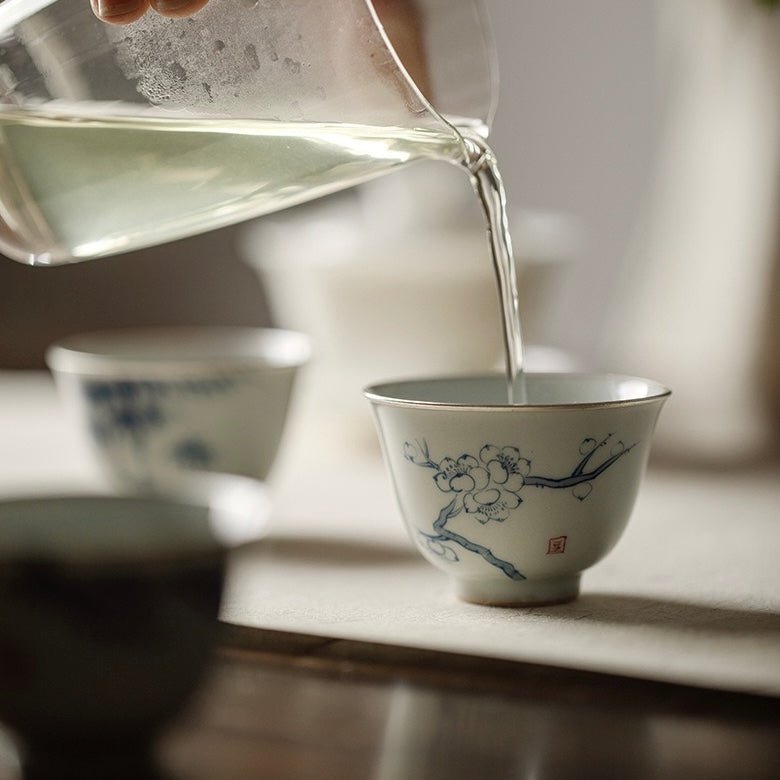 Blue and White Hand Painted Pine, Bambooand Plum - Blossom Teacup with Silver Rimmed EdgesAnyee TeaBlue and White Hand Painted Pine, Bambooand Plum - Blossom Teacup with Silver Rimmed EdgesBamboo