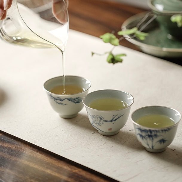 Blue and White Hand Painted Pine, Bambooand Plum - Blossom Teacup with Silver Rimmed EdgesAnyee TeaBlue and White Hand Painted Pine, Bambooand Plum - Blossom Teacup with Silver Rimmed EdgesPine