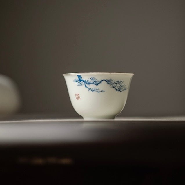 Blue and White Hand Painted Pine, Bambooand Plum - Blossom Teacup with Silver Rimmed EdgesAnyee TeaBlue and White Hand Painted Pine, Bambooand Plum - Blossom Teacup with Silver Rimmed EdgesPine
