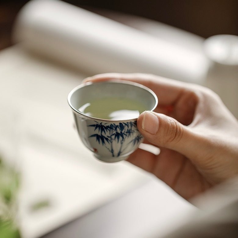 Blue and White Hand Painted Pine, Bambooand Plum - Blossom Teacup with Silver Rimmed EdgesAnyee TeaBlue and White Hand Painted Pine, Bambooand Plum - Blossom Teacup with Silver Rimmed EdgesPine