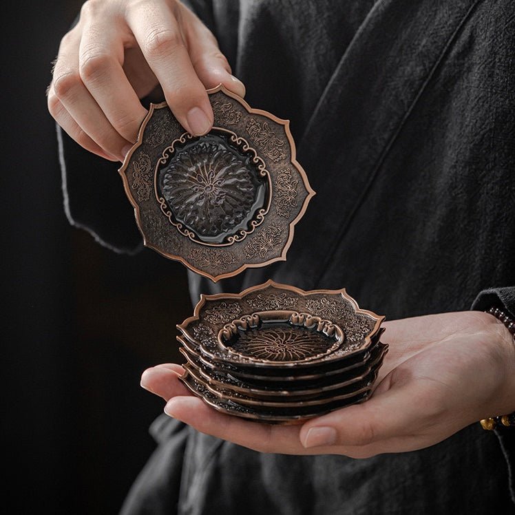 Bronze Octagonal Precious Lotus Flower Teacup CoasteraccessoiresAnyee TeaBronze Octagonal Precious Lotus Flower Teacup Coaster