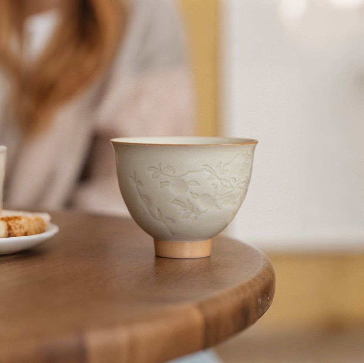Grey Ceramic Teacup in Persimmon Shape with Carved Flowers and GrassTeacupsAnyee TeaGrey Ceramic Teacup in Persimmon Shape with Carved Flowers and Grass