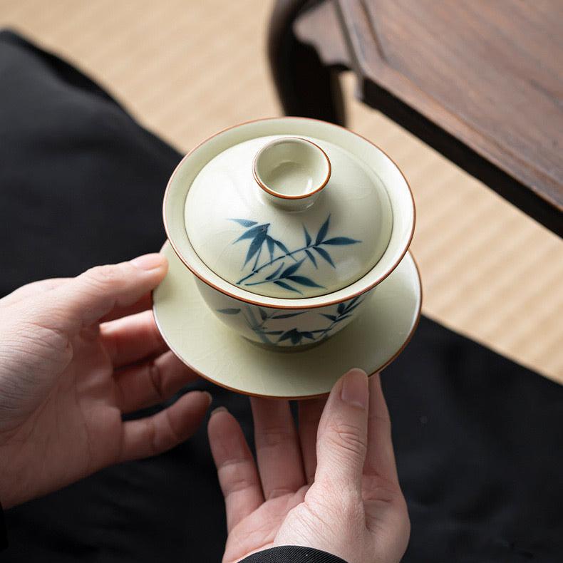 Hand Painted Gaiwan Bamboo Pattern Three Piece Covered Tea Bowl for HomeGaiwanAnyee TeaHand Painted Gaiwan Bamboo Pattern Three Piece Covered Tea Bowl for Home