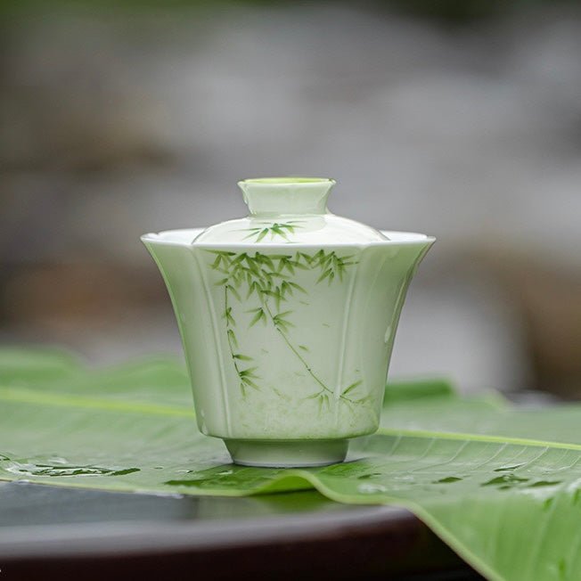 Hand Painted Green Bamboo Ceramic Gaiwan TeacupGaiwanAnyee TeaHand Painted Green Bamboo Ceramic Gaiwan Teacup