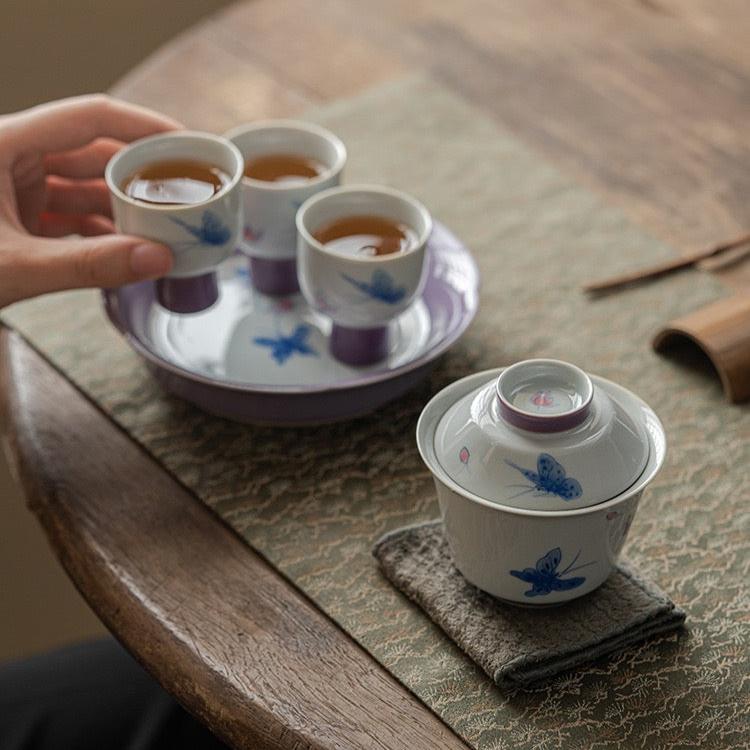 Hand Painted Purple Butterfly Three Piece GaiwanGaiwanAnyee TeaHand Painted Purple Butterfly Three Piece Gaiwan