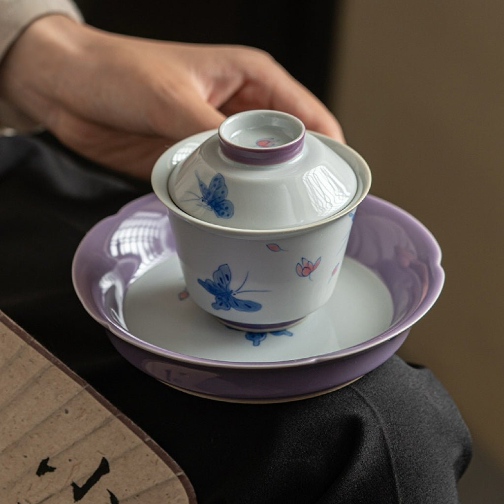Hand Painted Purple Butterfly Three Piece GaiwanGaiwanAnyee TeaHand Painted Purple Butterfly Three Piece Gaiwan