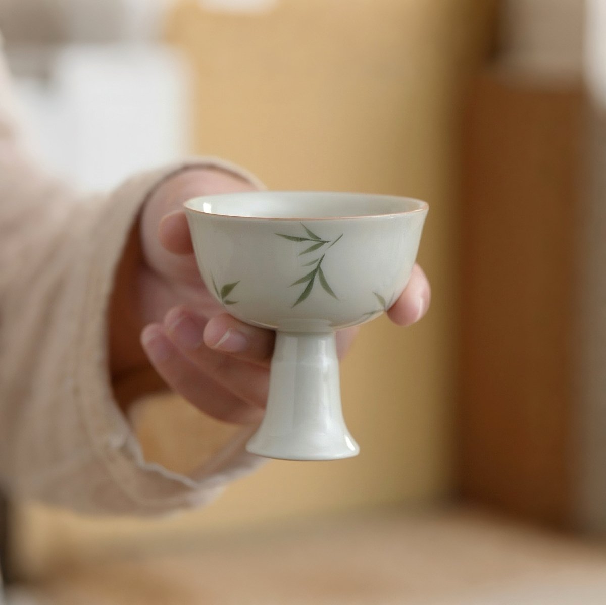 Hand - painted Small Bamboo Ceramic High - footed Tea Cup with Plant Ash GlazeTeacupsAnyee TeaHand - painted Small Bamboo Ceramic High - footed Tea Cup with Plant Ash Glaze