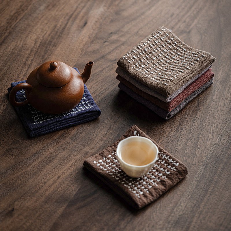 Hand Sewn Cross Stitched Cotton Linen Tea TowelaccessoiresAnyee TeaHand Sewn Cross Stitched Cotton Linen Tea TowelLight brown