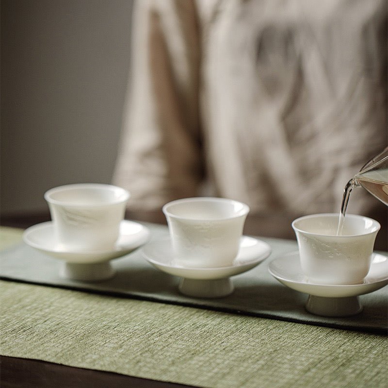 Handmade Relief Tea Cup of White Porcelain like Suet Jade with CoasterTeacupsAnyee TeaHandmade Relief Tea Cup of White Porcelain like Suet Jade with CoasterPlum