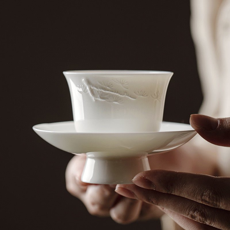 Handmade Relief Tea Cup of White Porcelain like Suet Jade with CoasterTeacupsAnyee TeaHandmade Relief Tea Cup of White Porcelain like Suet Jade with CoasterPine