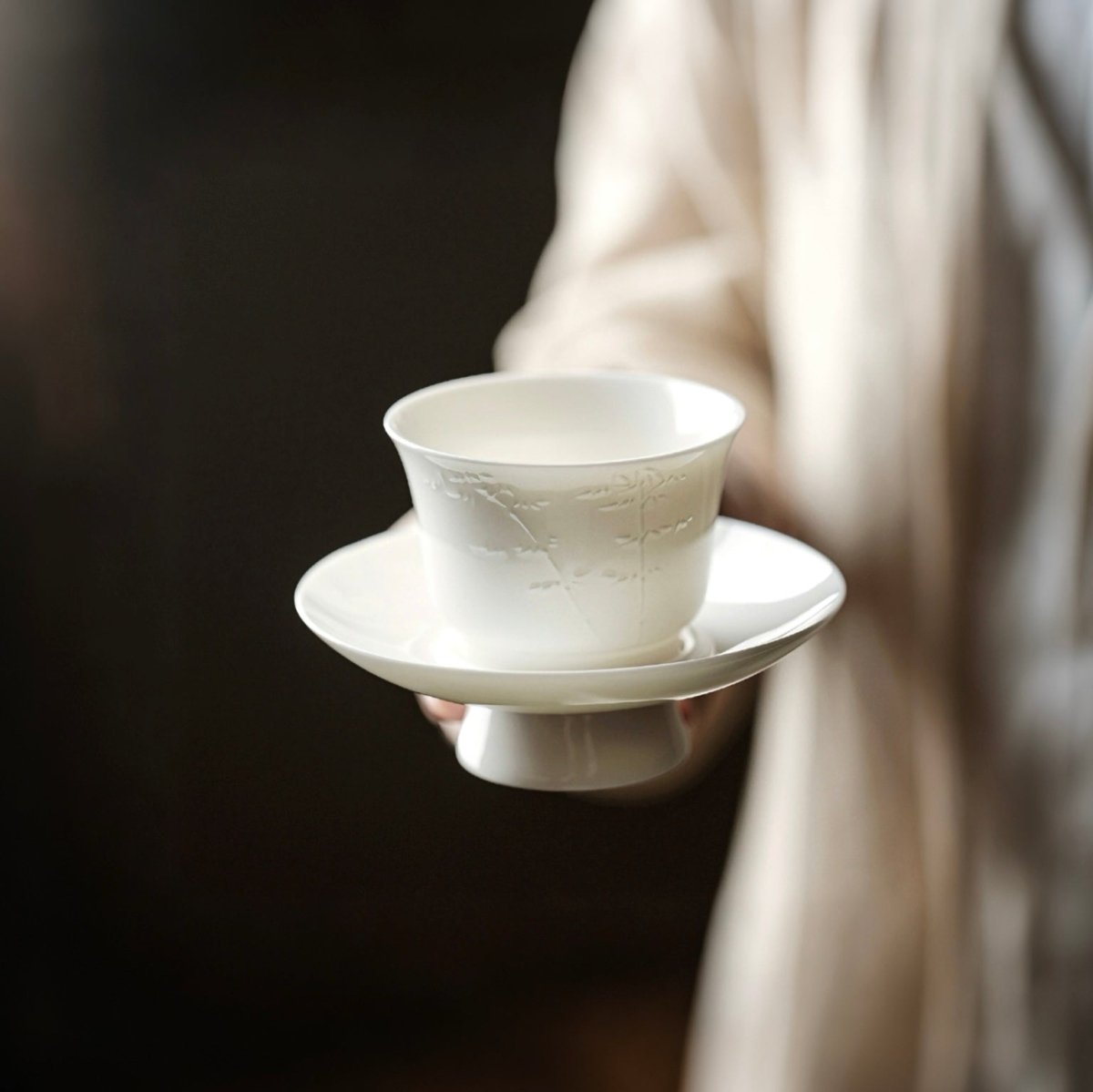 Handmade Relief Tea Cup of White Porcelain like Suet Jade with CoasterTeacupsAnyee TeaHandmade Relief Tea Cup of White Porcelain like Suet Jade with CoasterBamboo