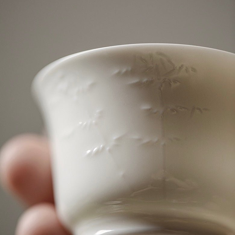 Handmade Relief Tea Cup of White Porcelain like Suet Jade with CoasterTeacupsAnyee TeaHandmade Relief Tea Cup of White Porcelain like Suet Jade with CoasterBamboo
