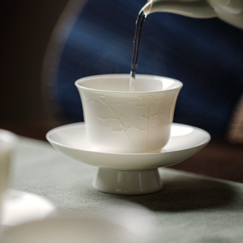 Handmade Relief Tea Cup of White Porcelain like Suet Jade with CoasterTeacupsAnyee TeaHandmade Relief Tea Cup of White Porcelain like Suet Jade with CoasterPlum