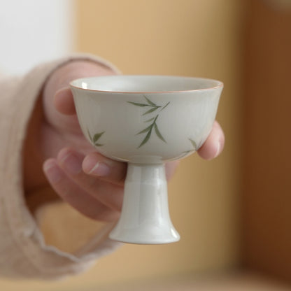 Hand-painted Small Bamboo Ceramic High-footed Tea Cup with Plant Ash Glaze