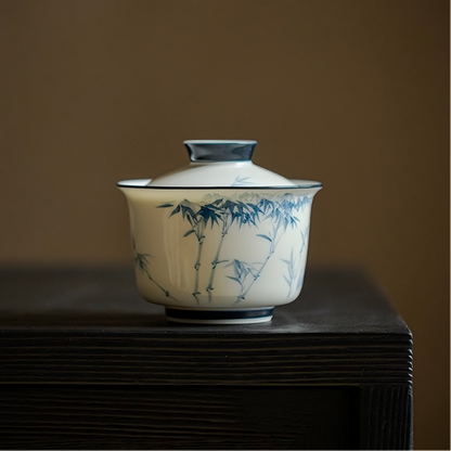 Jade Porcelain Under-Glaze Blue Hand-Painted Tea Bowl Gaiwan Tea Cup with Bamboo Design