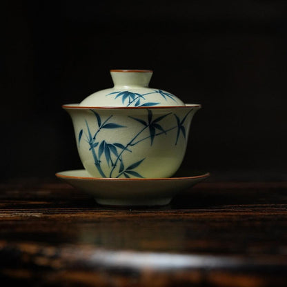 Hand-Painted Gaiwan Bamboo Pattern Three-Piece Covered Tea Bowl for Home