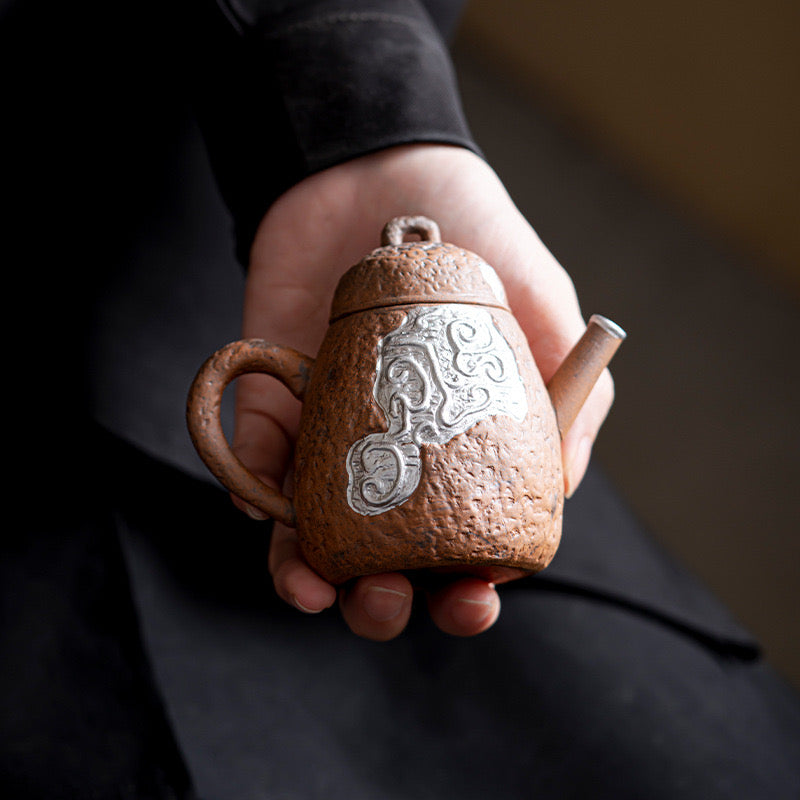 Pure Handmade Rough Pottery Old Rock Clay Silver-gilded Teapot