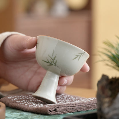 Hand-painted Small Bamboo Ceramic High-footed Tea Cup with Plant Ash Glaze