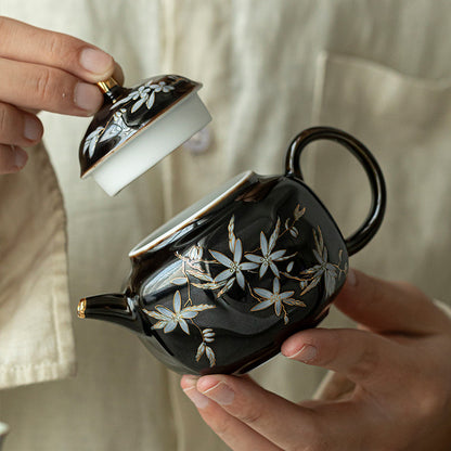 ‘Black Gold’ Glazed Apricot Blossom Design Teapot