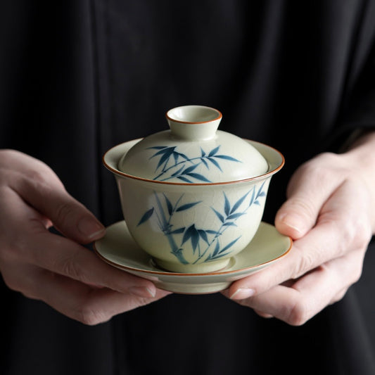 Hand-Painted Gaiwan Bamboo Pattern Three-Piece Covered Tea Bowl for Home