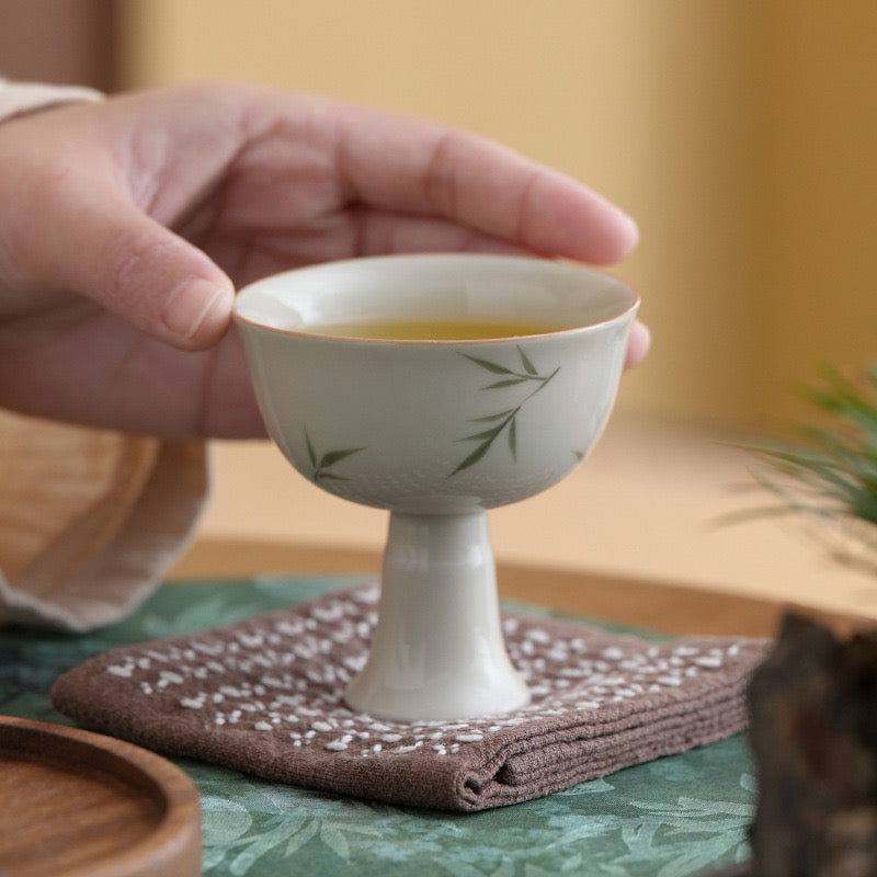 Hand-painted Small Bamboo Ceramic High-footed Tea Cup with Plant Ash Glaze