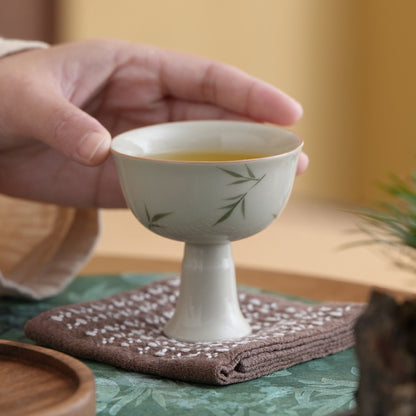 Hand-painted Small Bamboo Ceramic High-footed Tea Cup with Plant Ash Glaze