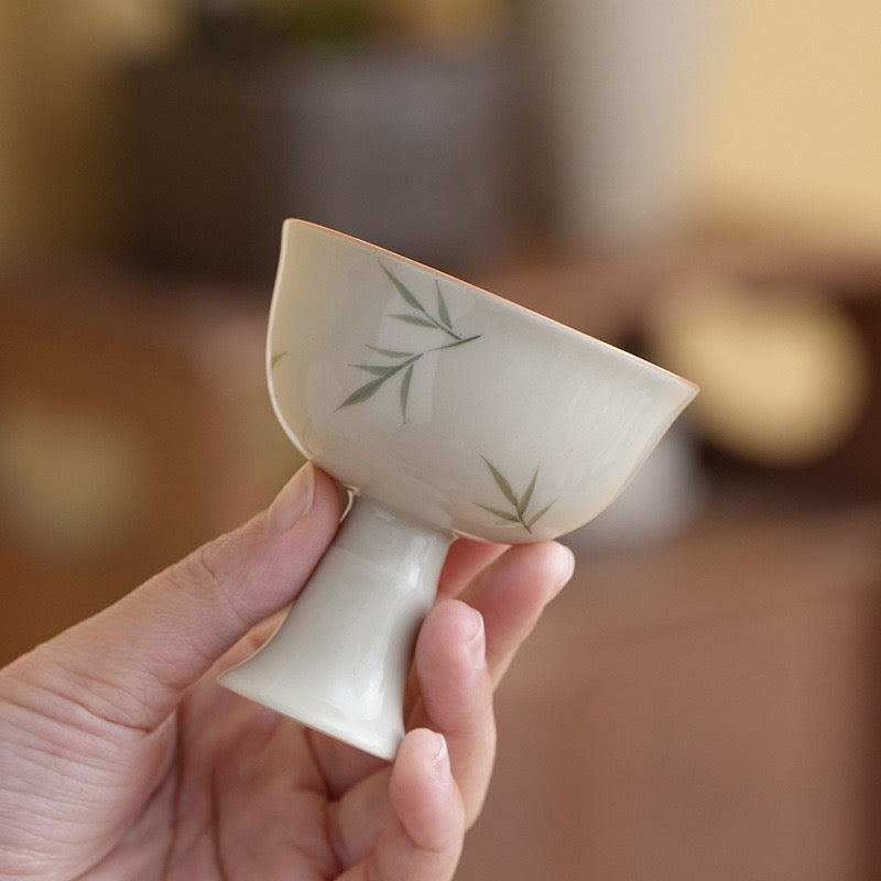 Hand-painted Small Bamboo Ceramic High-footed Tea Cup with Plant Ash Glaze