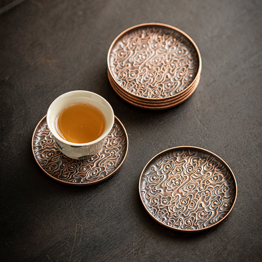 Aged Alloy Teacup Coaster with Auspicious Cloud Pattern