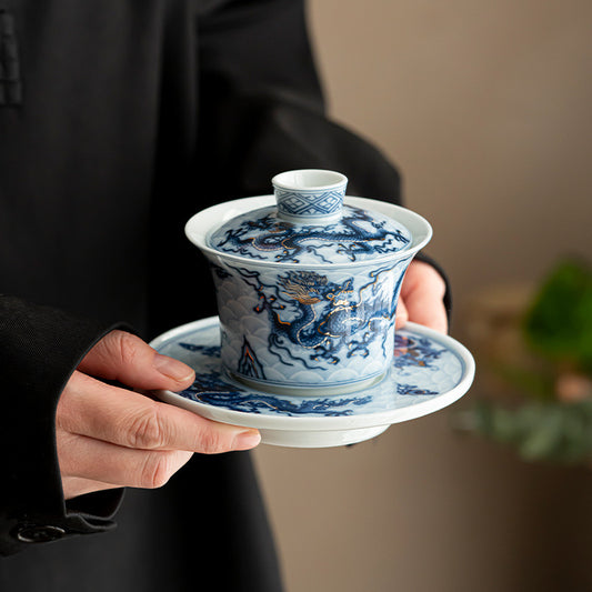 Colorful Golden Dragon Pattern Gaiwan