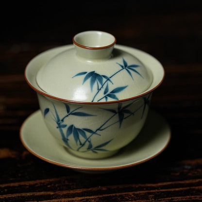 Hand-Painted Gaiwan Bamboo Pattern Three-Piece Covered Tea Bowl for Home