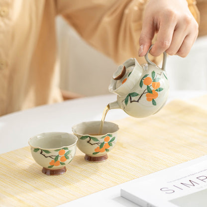 Hand-painted Persimmon and Dark Greyish Green Tea Set for Travel