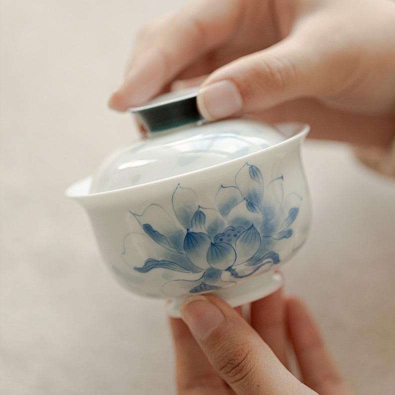 Blue Lotus Underglaze Hand-painted Gaiwan