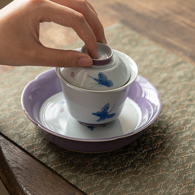 Hand-painted Purple Butterfly Three-piece Gaiwan