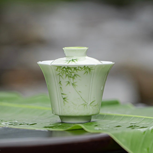 Hand-painted green bamboo ceramic Gaiwan Tea Cup