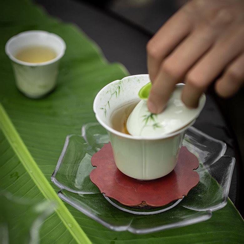 Hand-painted green bamboo ceramic Gaiwan Tea Cup