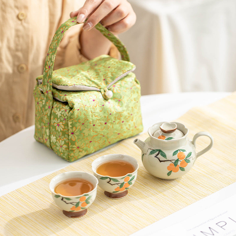 Hand-painted Persimmon and Dark Greyish Green Tea Set for Travel