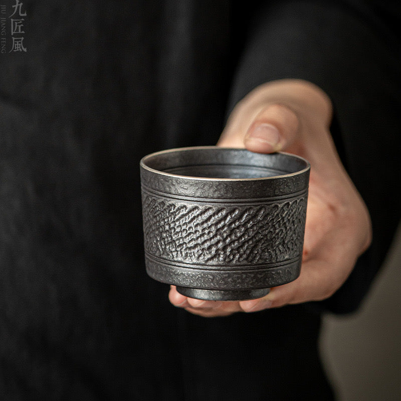 Handmade Skip-Cut Silver-Black Teacup