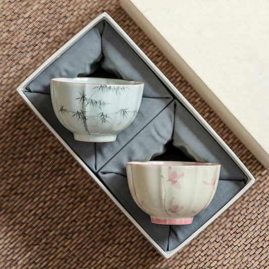 Underglaze Hand-painted Round Lotus Matching Teacups