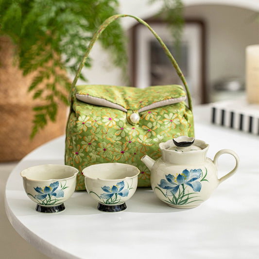 Hand-painted Blue and White Grass-wood Ash Tea Set