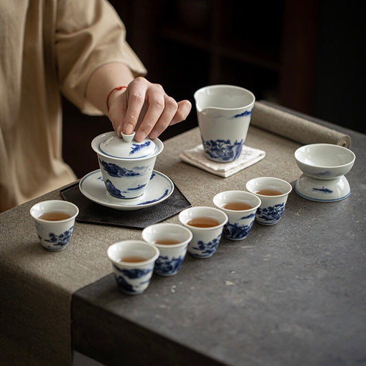 Antique Blue - and - white Ceramic Tea Set in Gift Box for Home