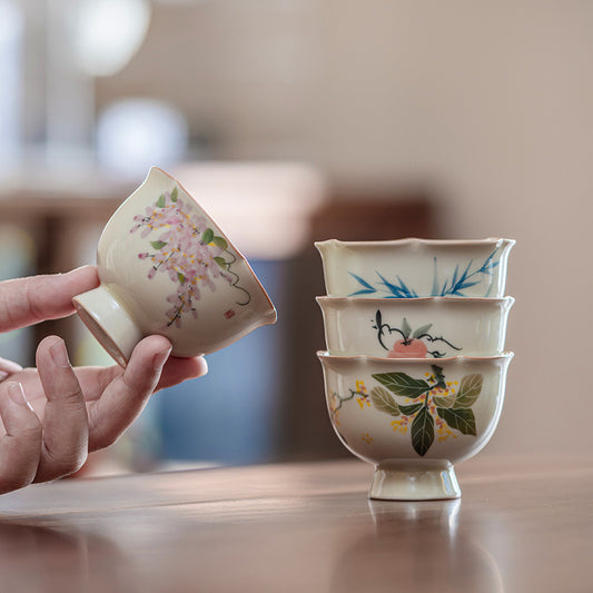 Hand Painted High Footed and Flared Mouth Teacup Set with Plant Ash Glaze