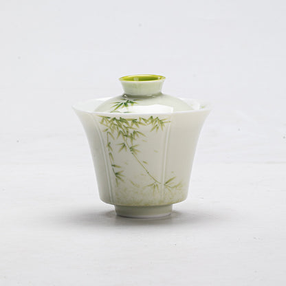 Hand-painted green bamboo ceramic Gaiwan Tea Cup