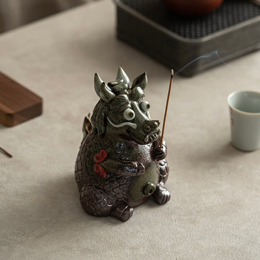 Handmade Ceramic Tea Pet of Dragon, Incense Holder for Stick Incense, Decoration