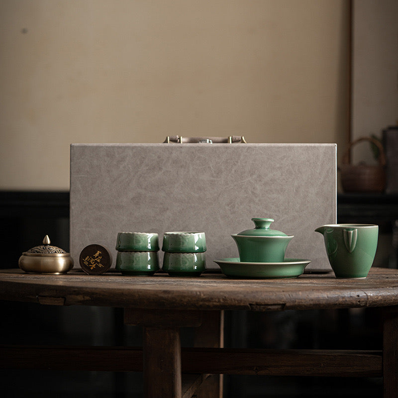 Chinese Celadon Tea Set with Incense Burner