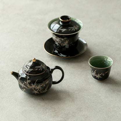 ‘Black Gold’ Glazed Apricot Blossom Design Teapot