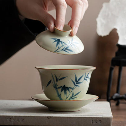 Hand-Painted Gaiwan Bamboo Pattern Three-Piece Covered Tea Bowl for Home