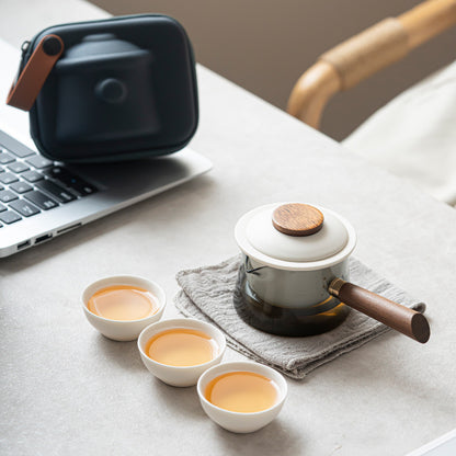 Portable Ceramic Tea Set Travel Kit with One Pot and Three Cups, Glass Included